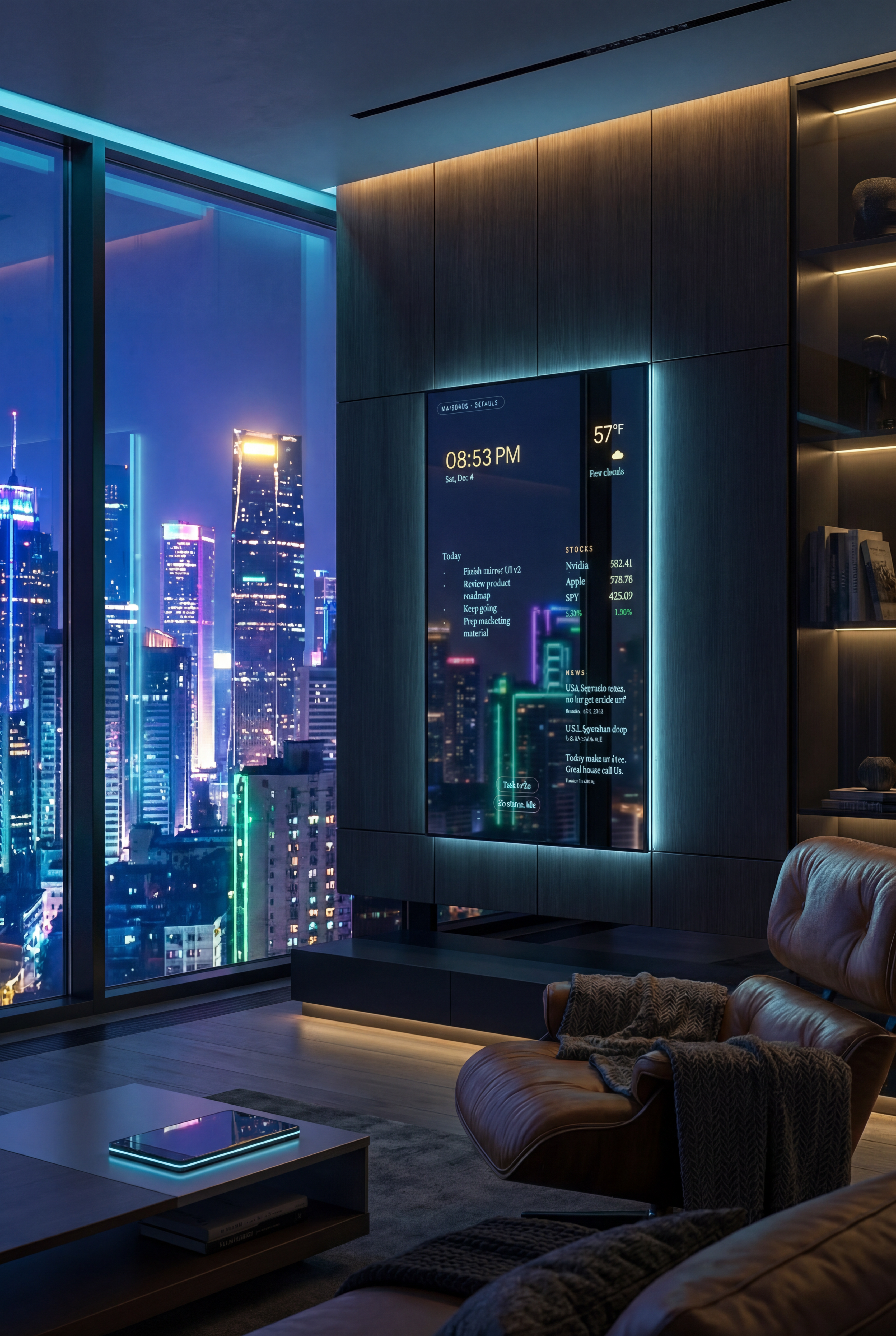 AOS Mirror displaying time, weather, tasks, and stocks